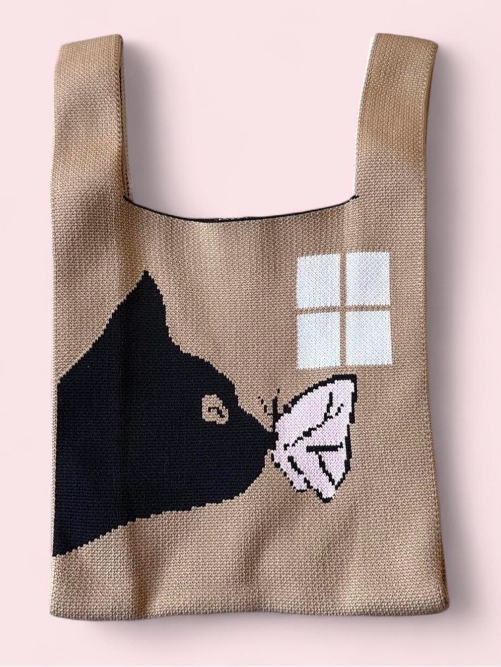 NWOT Knit Tote Bag with Black Cat & Pink Butterfly